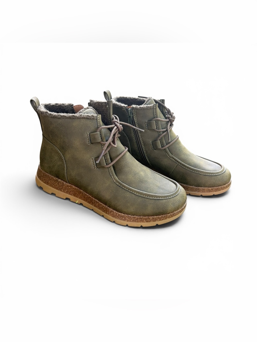 Eurosoft Olive Green Faux Leather Sherpa Lined Ankle Boots